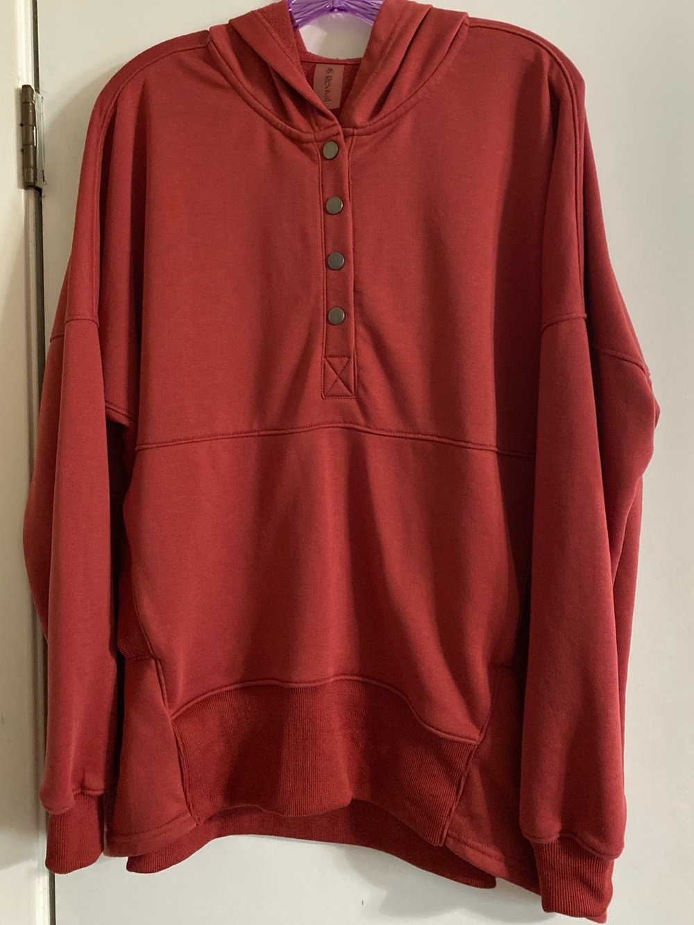 AS REVIVAL Red Hooded Pullover Sweat with Snap Placket